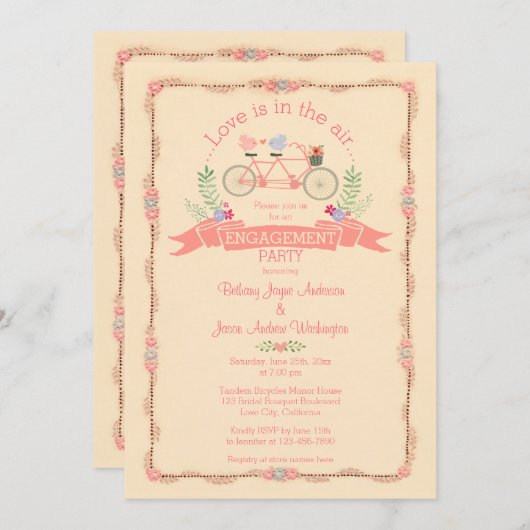 Tandem Fiets, Vogels en Banner Verlovingsfeest Kaart (Voorkant / Achterkant)