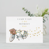 tandem - fietsenbruid - voorstelgoud folie uitnodiging (Staand Voorkant)