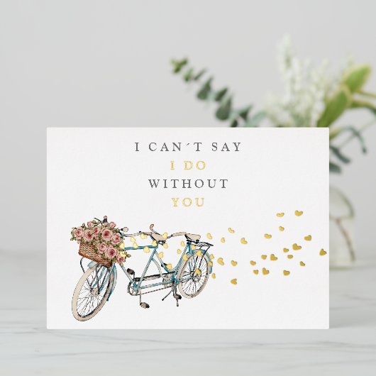 tandem - fietsenbruid - voorstelgoud folie uitnodiging (Staand Voorkant)