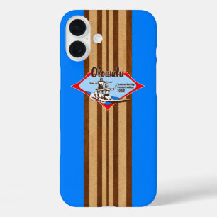 Tandem Surfing Hawaiian Faux Wood Blue Surfboard iPhone 16 Plus Hoesje
