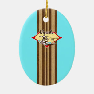 Tandem Surfing Hawaiian Faux Wood Surfboard Keramisch Ornament