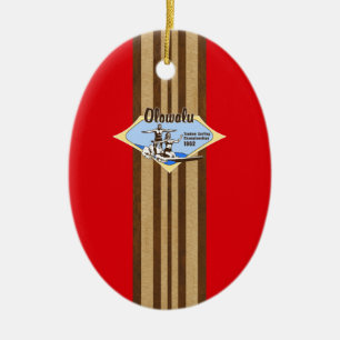Tandem Surfing Hawaiian Faux Wood Surfboard Keramisch Ornament