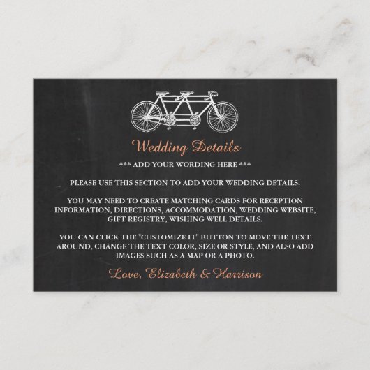 Tandemfiets op krijtbord Trouwdetail Invoegen Informatiekaartje (Voorkant)