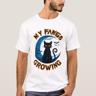 Tanden groeiende Halloween Zwarte Kat Blauwe Maan T-shirt