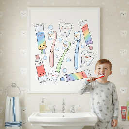 Tandenborstel Feestje Kinderen Badkamer Muur Kunst Poster