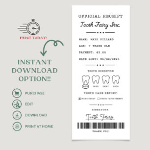 Tandenfee-ontvangstbewijs afdrukbaar bewerkbaar kaart
