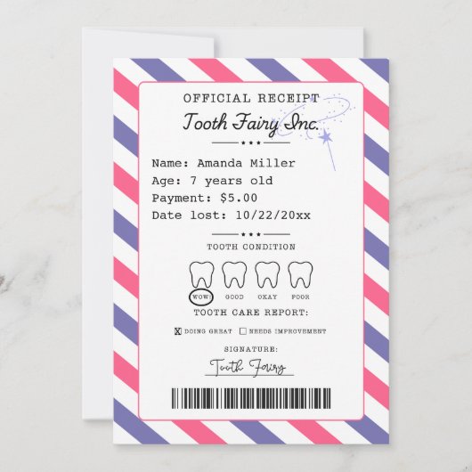 Tandenfee-ontvangstbewijs afdrukbaar kaart (Voorkant)