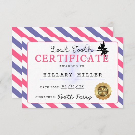 Tandenfee Verloren Tand Certificaat Afdrukbaar Kaart (Voorkant / Achterkant)