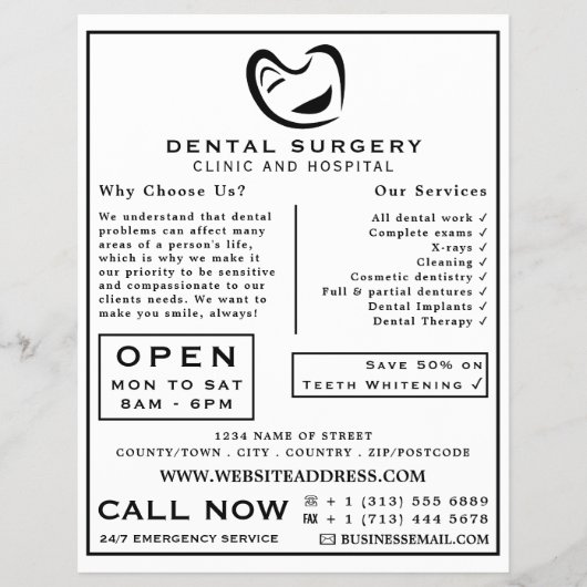 Tandheelkunde, zwart-wit, tandheelkunde, tandheelk flyer (Voorkant)