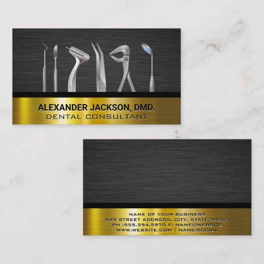 Tandheelkundig gereedschap | Goud Donker Metallic Visitekaartje (Voorkant / Achterkant)