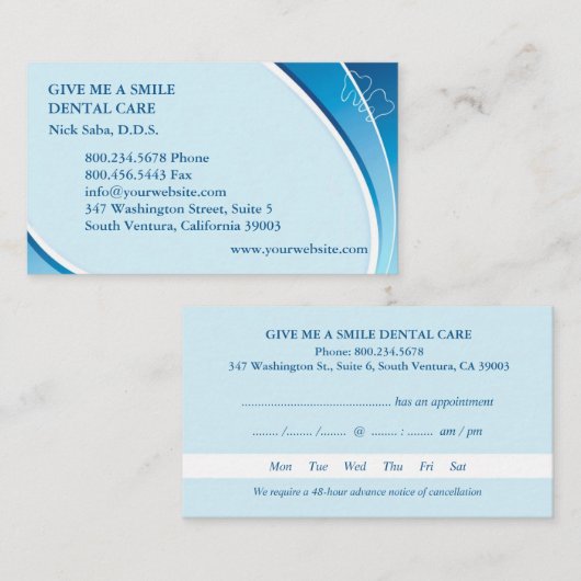 Tandheelkundig Visitekaartje met afspraak Afsprakenkaartje (Voorkant / Achterkant)