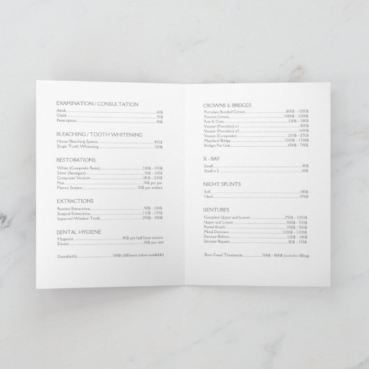Tandheelkundige kliniek Privé prijslijst Witte Tan Kaart (Binnen)