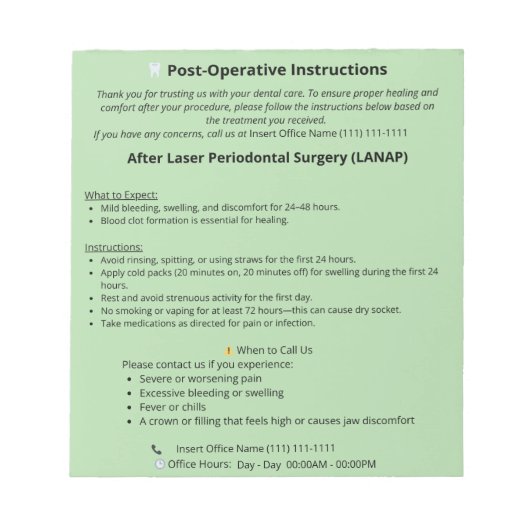 Tandheelkundige postoperatieve instructies Notepad Notitieblok (Voorkant)