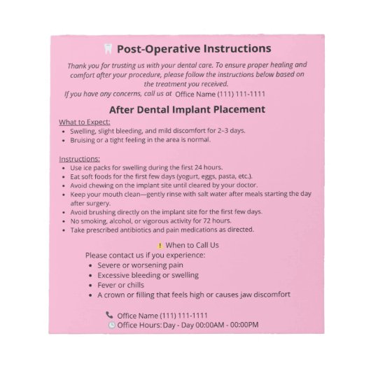 Tandheelkundige postoperatieve instructies Notitie Notitieblok (Voorkant)