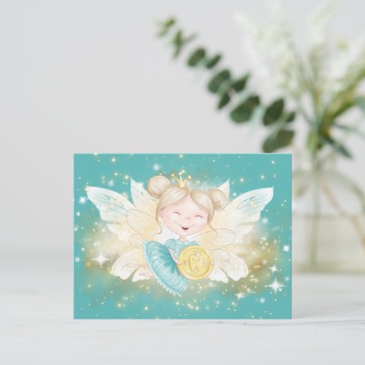 Tandheelkundige prinses met gouden munt blauwgroen briefkaart (Staand voorkant)