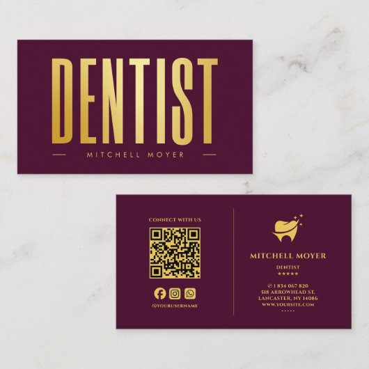 Tandheelkundige Tand Logo Bourgogne & Goud Visitekaartje (Voorkant / Achterkant)