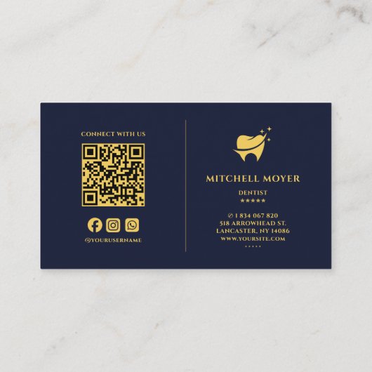 Tandheelkundige Tand Logo Navy Blauw en Goud Visitekaartje (Achterkant)