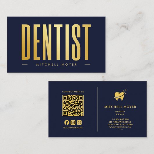 Tandheelkundige Tand Logo Navy Blauw en Goud Visitekaartje (Voorkant / Achterkant)