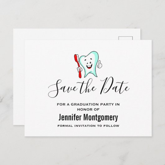 Tandheelkundige zorg Happy Tooth Afstuderen Save t Uitnodiging Briefkaart (Voorkant / Achterkant)