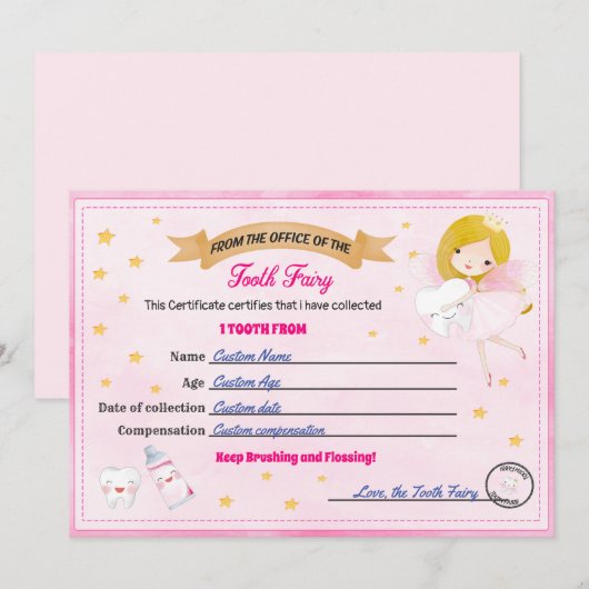 Tandijcertificaat Verloren tand-ontvangstbewijs Kaart (Voorkant / Achterkant)