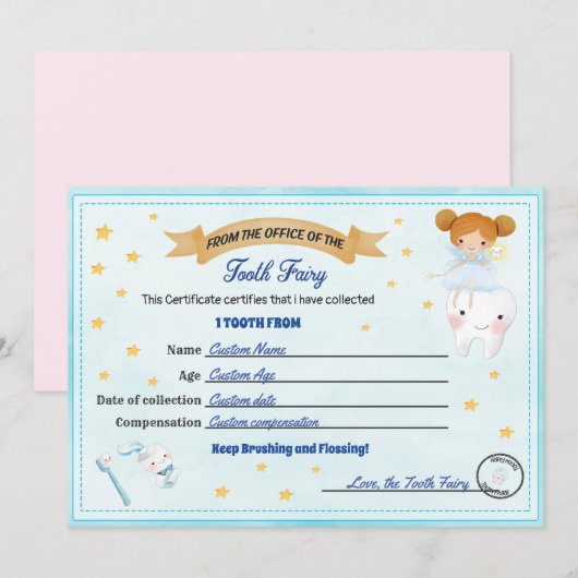 Tandijcertificaat Verloren tand-ontvangstbewijs Kaart (Voorkant / Achterkant)