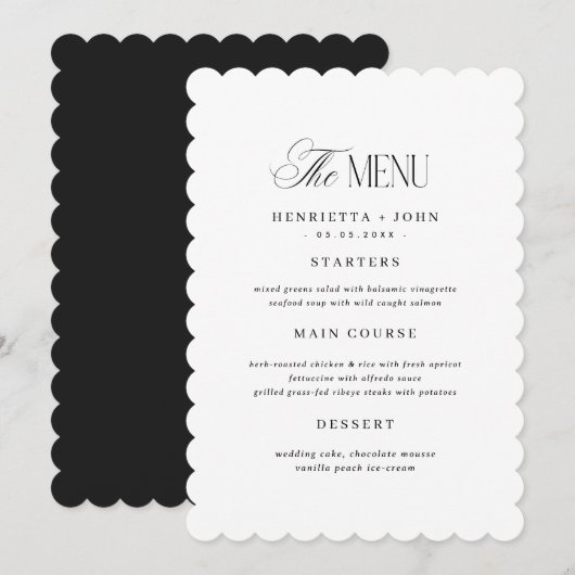 Tandrand Zwarte en Witte Trouw Menu Kaart (Voorkant / Achterkant)