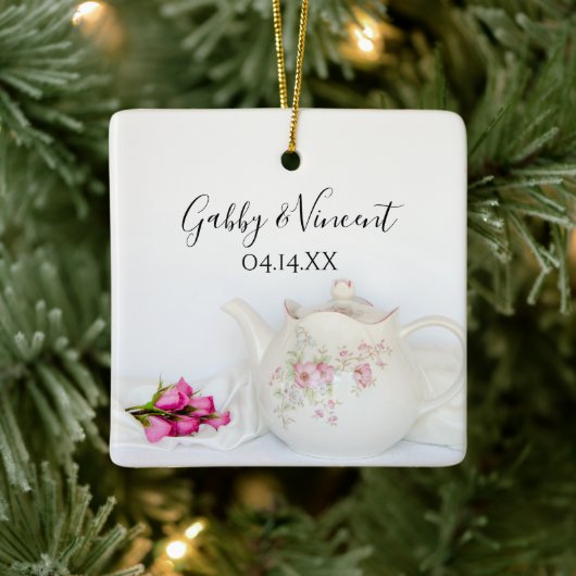 Tandroos en roze rozen keramisch ornament (Boom)