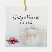 Tandroos en roze rozen keramisch ornament (Voorkant)