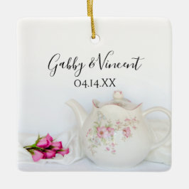 Tandroos en roze rozen keramisch ornament