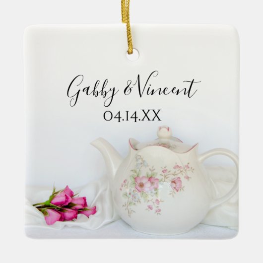 Tandroos en roze rozen keramisch ornament (Voorkant)