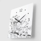 Tandwiel- en kersenbloesems, zwart en wit vierkante klok (Hoek)