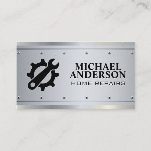 Tandwielpictogram | timmerwerk | Metaalklinknagels Visitekaartje (Voorkant)