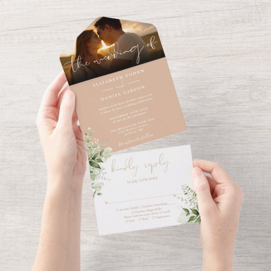 Tane Florale Groene Script Trouwfoto All In One Uitnodiging (Afscheurbaar)