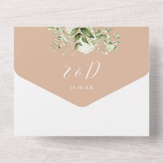 Tane Florale Groene Script Trouwfoto All In One Uitnodiging (Achterkant)