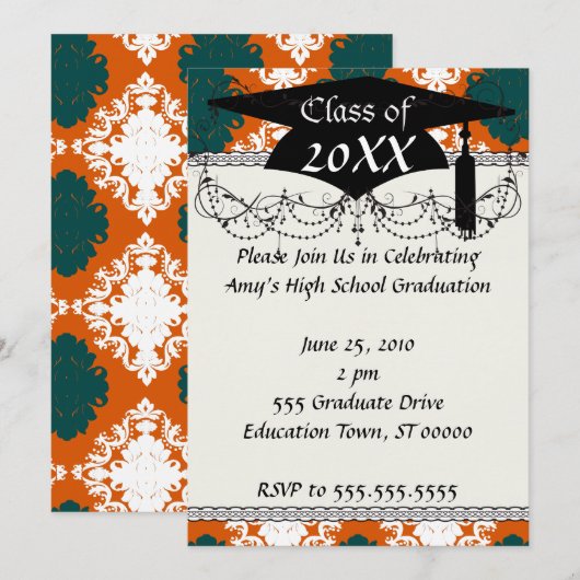 Tang sinaasappel blauwgroen wit damast patroon kaart (Voorkant / Achterkant)