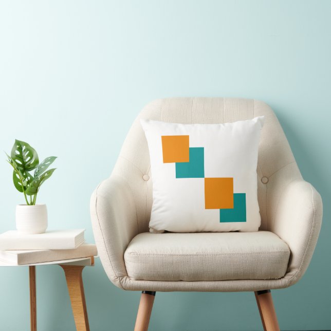 Tangarine en blauwgroen minimal squares kussen (Stoel)