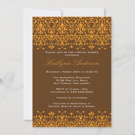 Tangerine & Brown Damask Bridal Shower Invitation Kaart (Voorkant)