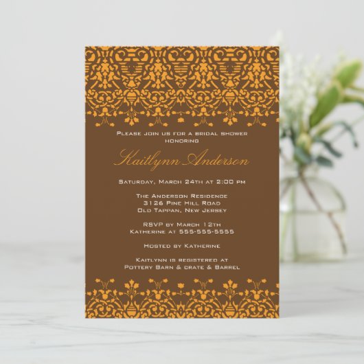 Tangerine & Brown Damask Bridal Shower Invitation Kaart (Staand voorkant)
