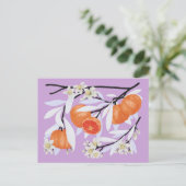 Tangerine Citrus Blooming Branches Floral Lila Briefkaart (Staand voorkant)