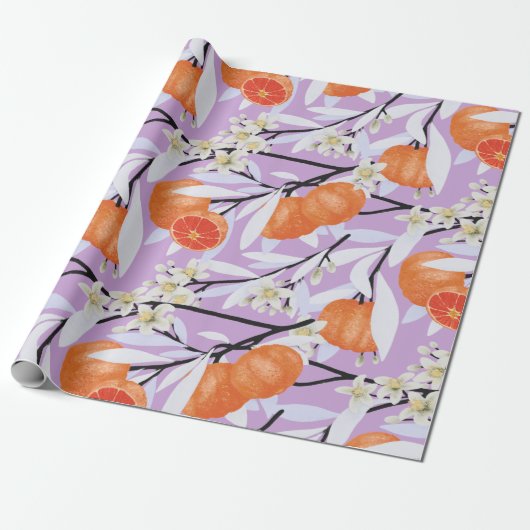 Tangerine Citrus Blooming Branches Floral Lila Cadeaupapier (Uitgerold)