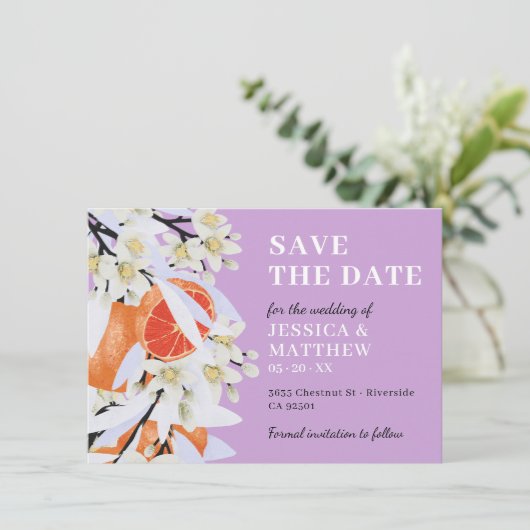 Tangerine Citrus Blooming Branches met grote Flora Save The Date (Staand voorkant)