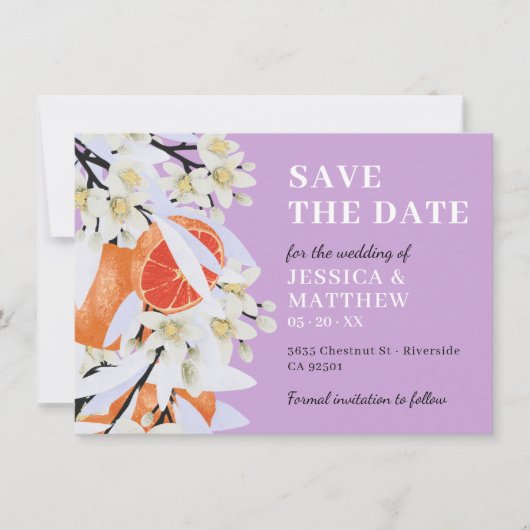 Tangerine Citrus Blooming Branches met grote Flora Save The Date (Voorkant)