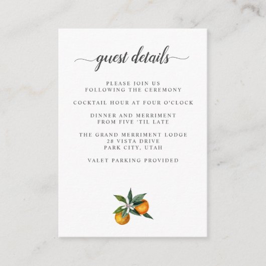 Tangerine Citrus BRUILOFT Details Accommodatie Informatiekaartje (Voorkant)