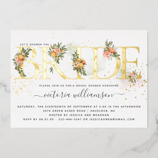 Tangerine Citrus en Gold Floral Vrijgezellenfeest Folie Uitnodiging (Voorkant)