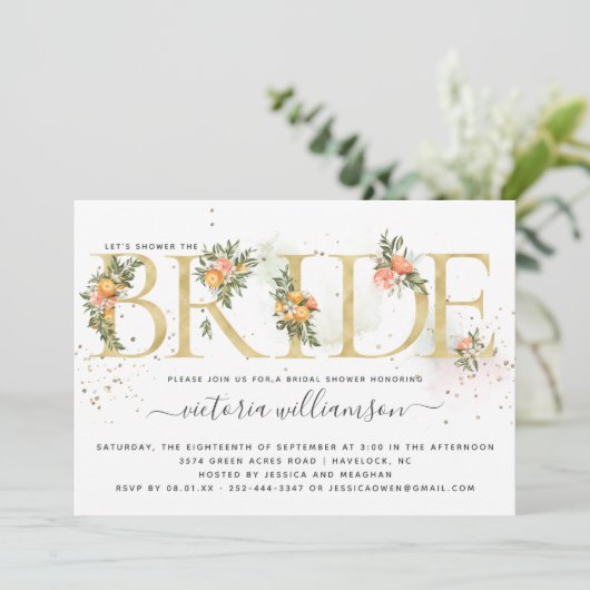 Tangerine Citrus en Gold Floral Vrijgezellenfeest Kaart (Staand voorkant)