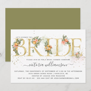 Tangerine Citrus en Gouden Bloemen Bruidsdouche Kaart