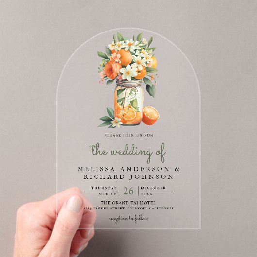 Tangerine Citrus Orange Mason Jar Wedding Acryl Uitnodigingen (Insitu (Draagbaar))
