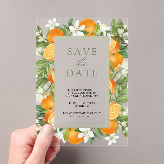 Tangerine Citrus Oranje bruiloft Save the Date Acryl Uitnodigingen (Insitu (Draagbaar))