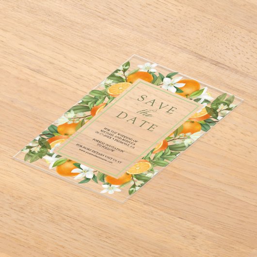 Tangerine Citrus Oranje bruiloft Save the Date Acryl Uitnodigingen (Laagn)
