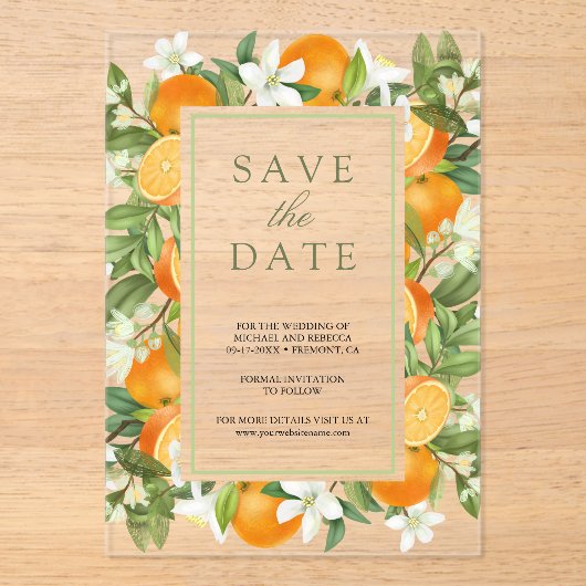 Tangerine Citrus Oranje bruiloft Save the Date Acryl Uitnodigingen (Voorkant)